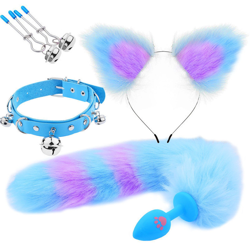 Precioso Kit con Plug Anal Cola de Zorro, Collar, Orejas y Pinzas para Pezones